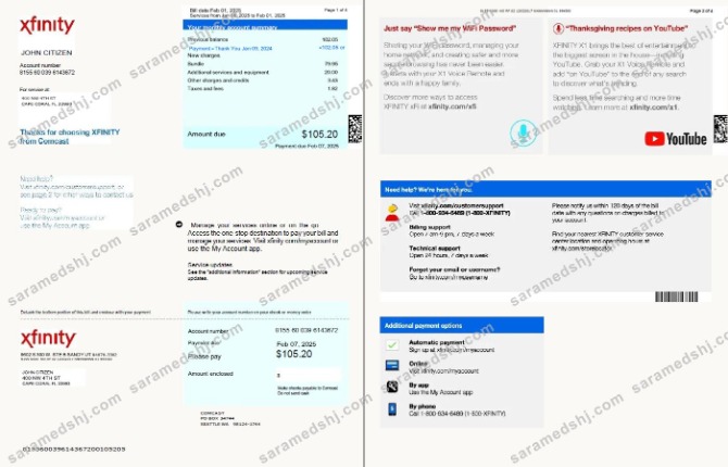 USA Xfinity utility bill template in Word and PDF formats, 4 pages, version 3, 1-2 pages